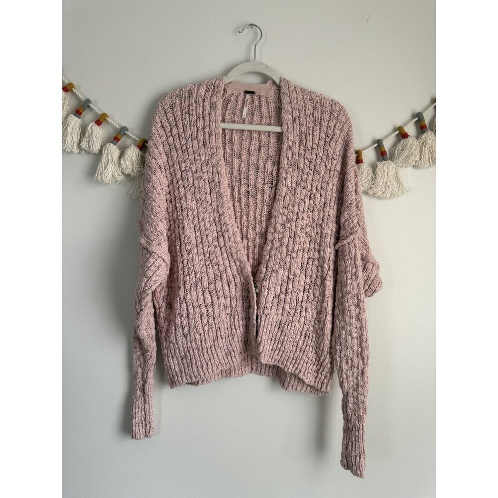 Free People Fun Times Chunky Slub Cotton Knit Pink Cardigan Slouchy Coquette S